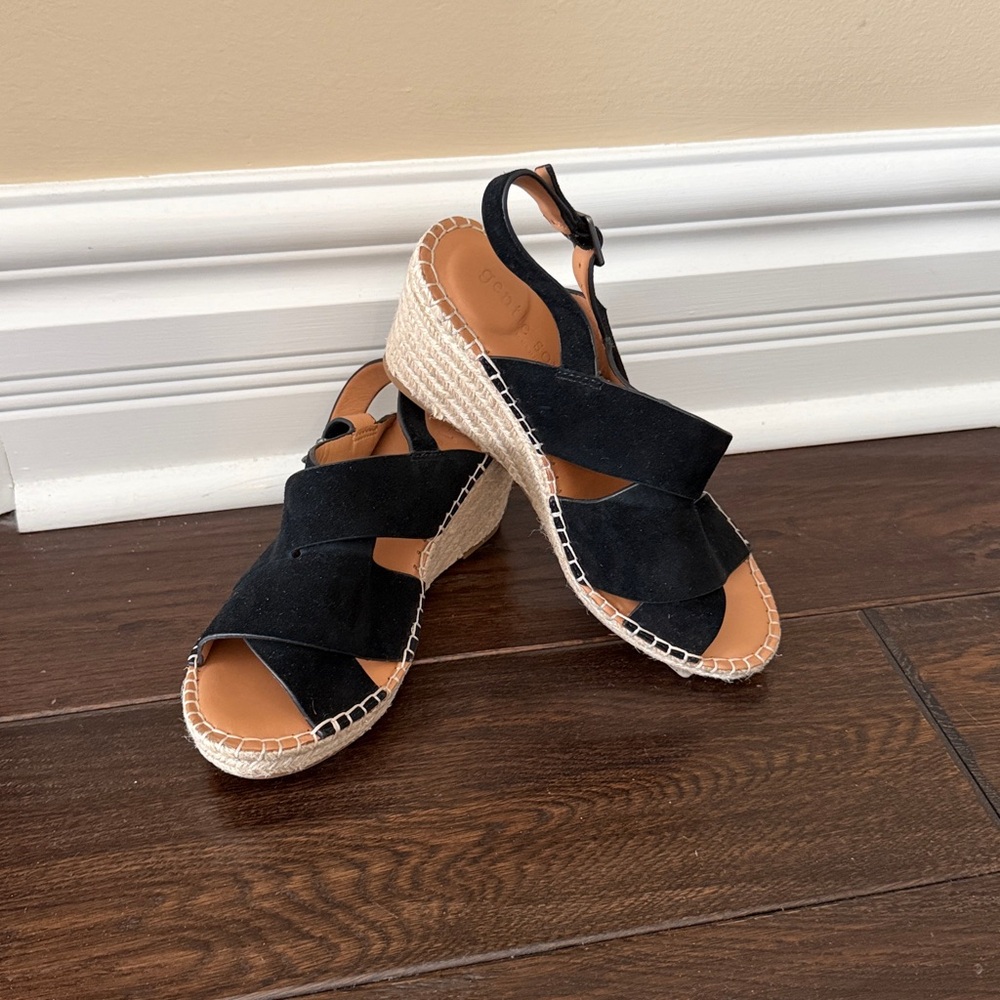gentle souls Black Suede Crisscross Espadrille Wedge Sandals